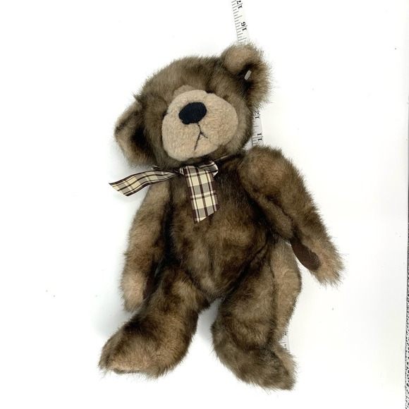 Russ Berrie 90’s Cappuccino Stuffed Teddy Bear Plush Plaid Bow - Picture 7 of 9